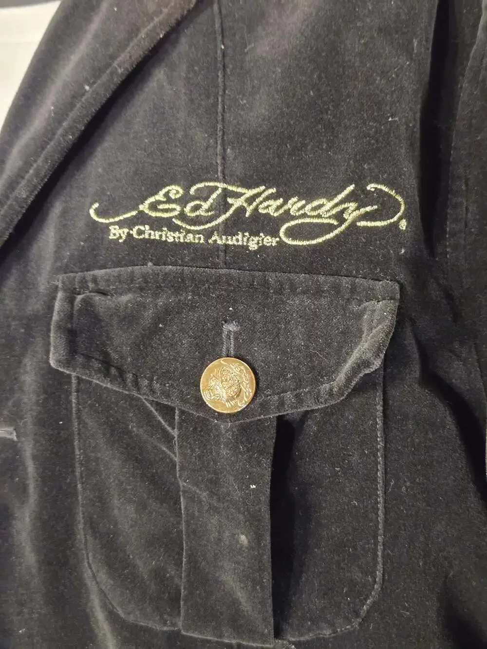 Ed Hardy By Christian Audigier Men's Embroidered Black Velvet Jacket